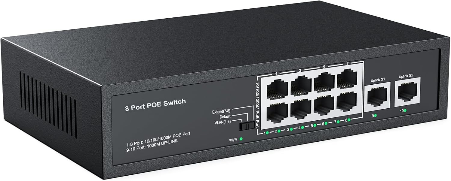 8 Port PoE Switch 8 Ports PoE+ 2 Uplink Unmanaged 100Mbps High 55W 802.3af/at