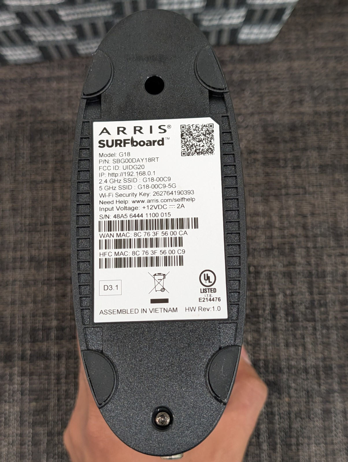 Arris G18 DOCSIS 3.1 Cable Modem Router Combo Black Wi-Fi 6 NO AC ADAPTER