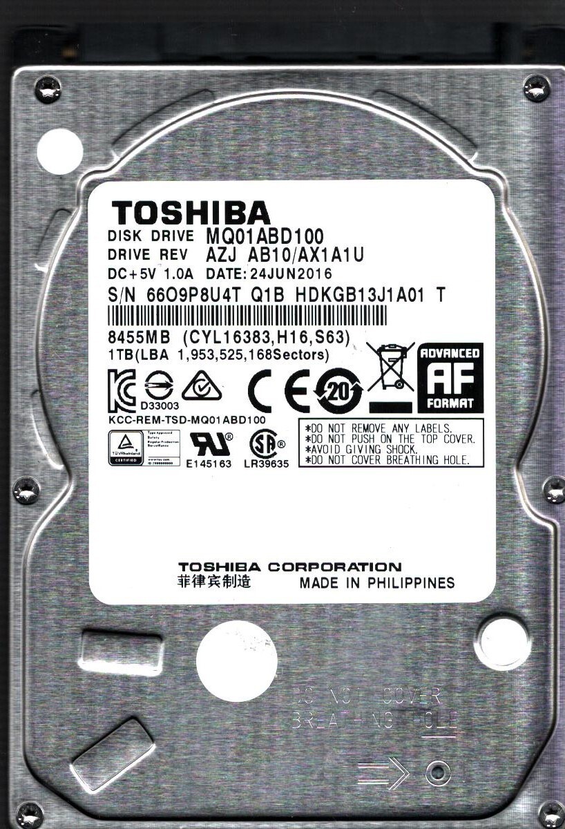 MQ01ABD100 HDKGB13J1A01 T REV: AZJ AB10/AX1A1U 1TB JUN 2016 PHILIPPINES TOSHIBA