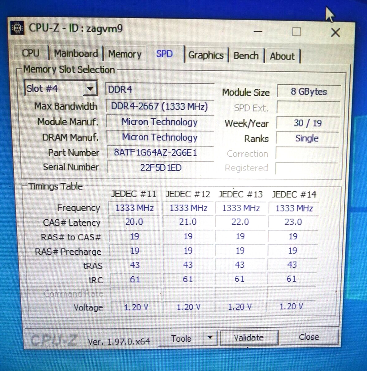 MTA8ATF1G64AZ-2G6E1 Micron 8GB 1Rx8 PC4-2666V DDR4 Desktop RAM Memory