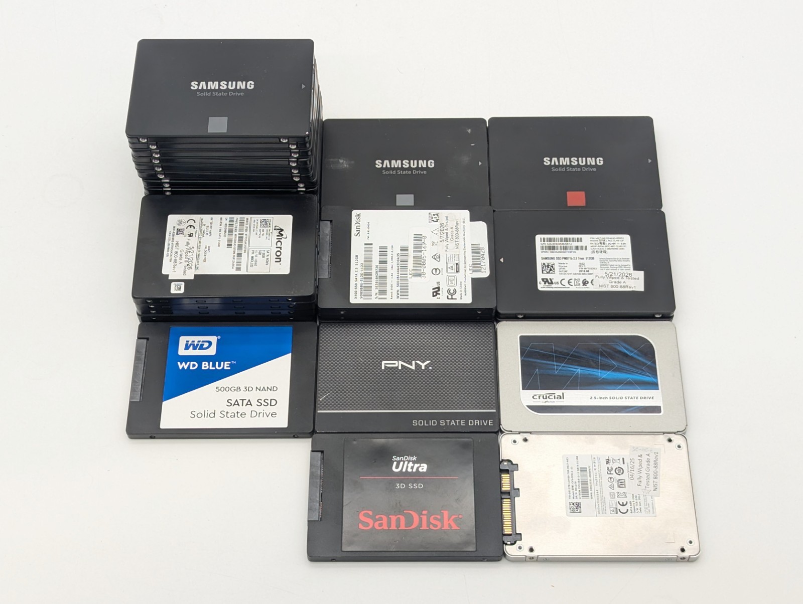 Lot of 31 Mixed SSD 500GB / 512GB 2.5″ SATA III Drives – Wiped & Fully Tested