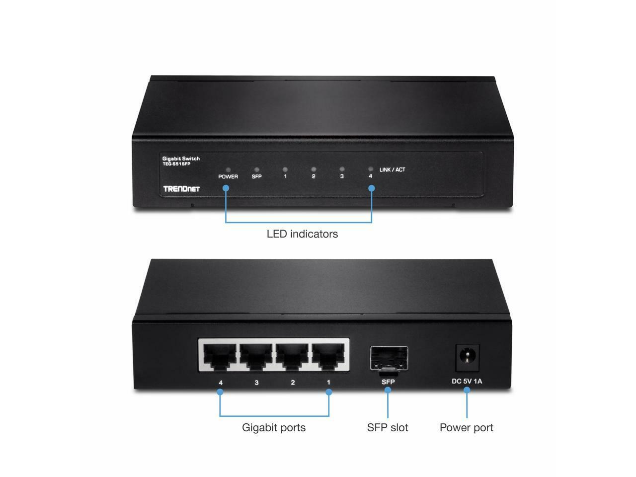 TRENDnet 4-Port Gigabit Switch with SFP Slot. Limited Life Time Warranty