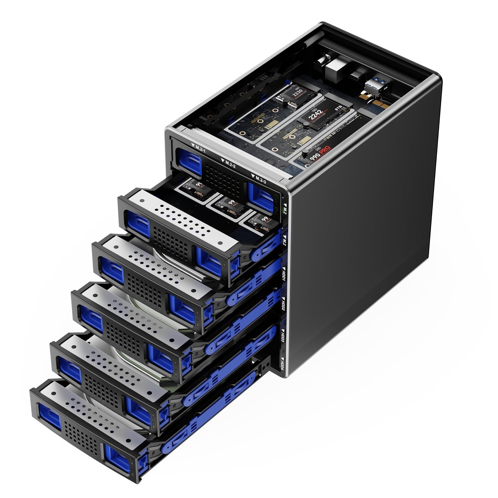 CENMATE Hybrid 4*2.5/3.5″ SATA HDD/SSD+6* M / B+M Key M.2 NVMe 10 bay, Black