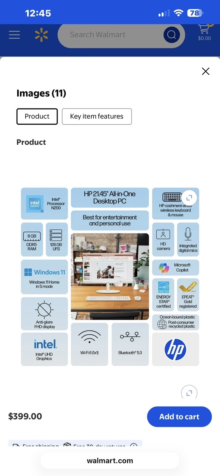 HP 21.45in All-in-One PC Intel N200 8GB 128GB UFS Win 11 S Wi-Fi 6 White
