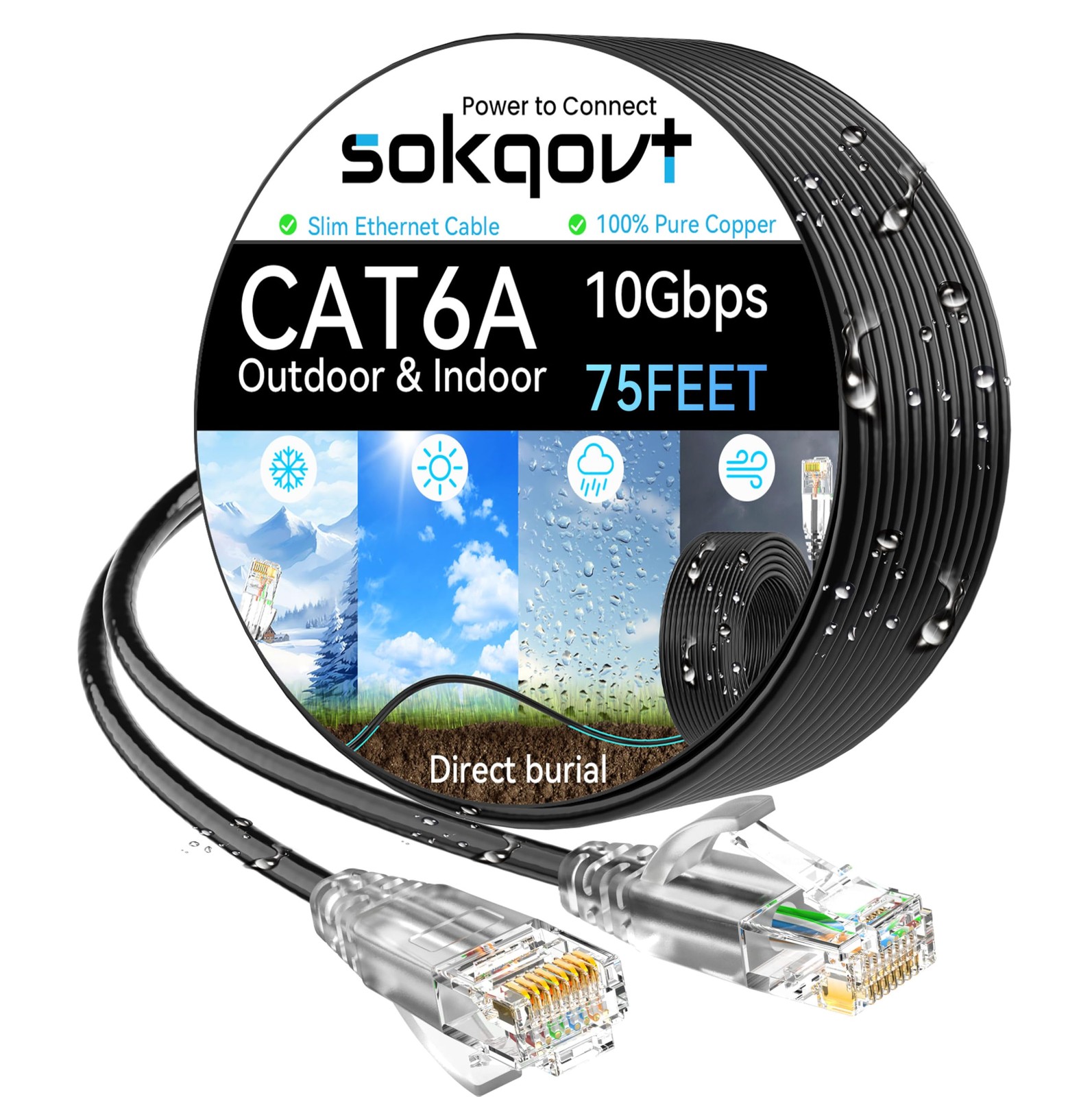 Cat6a Ethernet Cable Slim 75ft Outdoor&Indoor, 28AWG Pure Copper 75ft, Black
