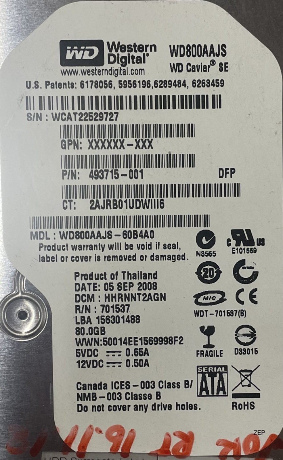 WD WD800AAJS-60B4A0 3.5″ 80 GB SATA HDD PCB 2060-701537-003 DCM: HHRNNT2AGN