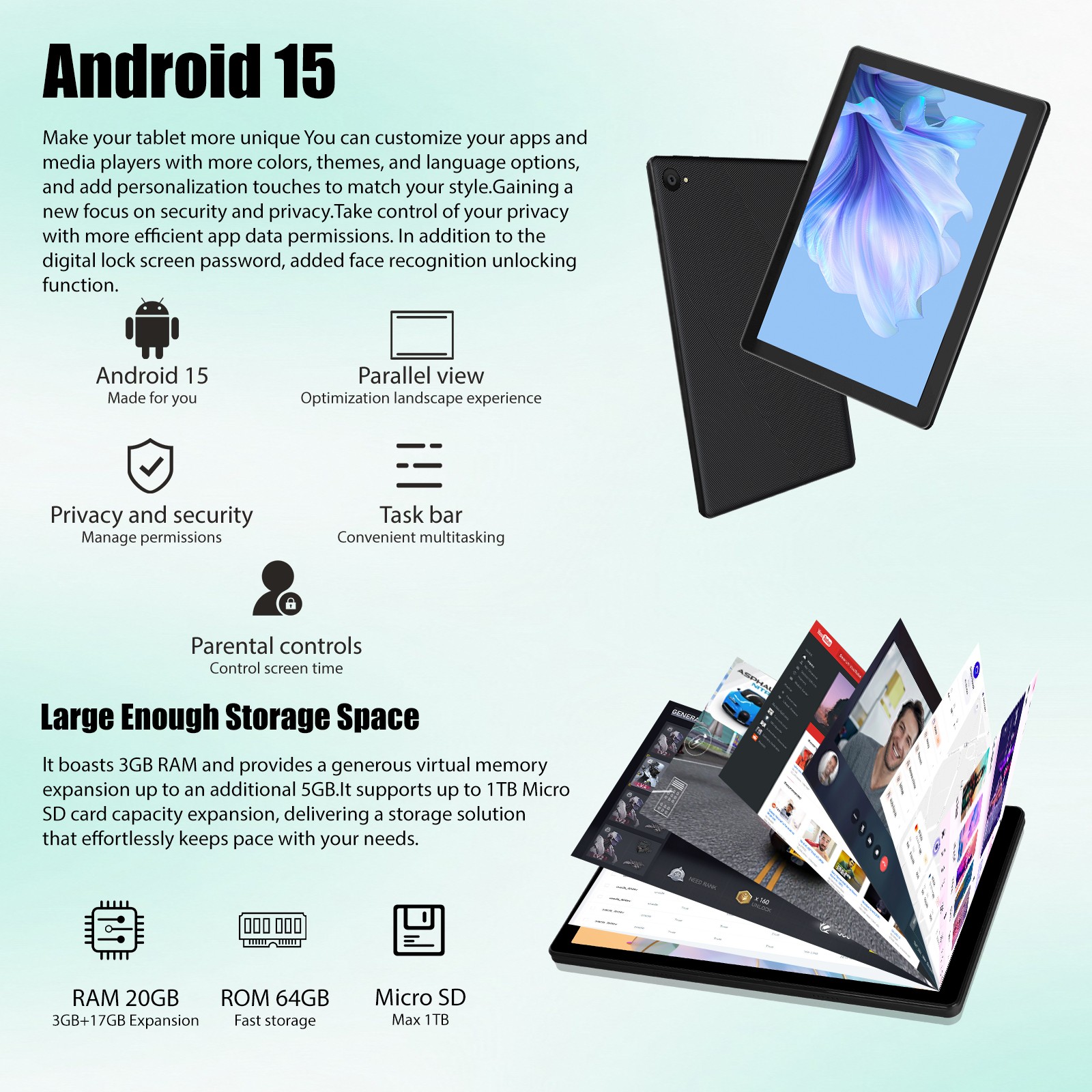 Tablet 10.1 inch Android 13 Tablet 6+64GB RAM Quad Core 1280×800 IPS WIFI HD