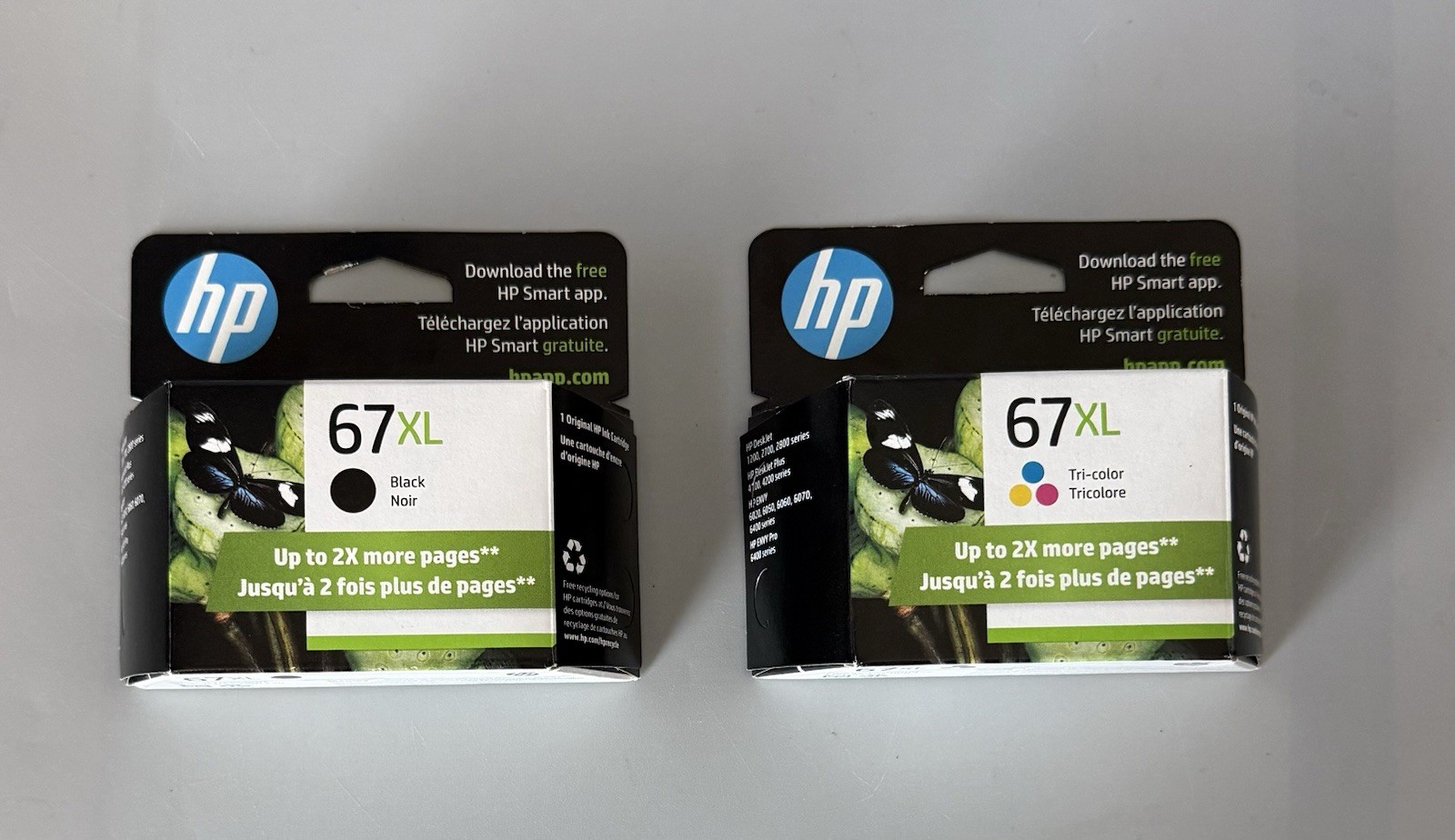 Lot of 2 Genuine HP 67XL Ink Cartridges — Black & Tri-Color — 2026 Expiration