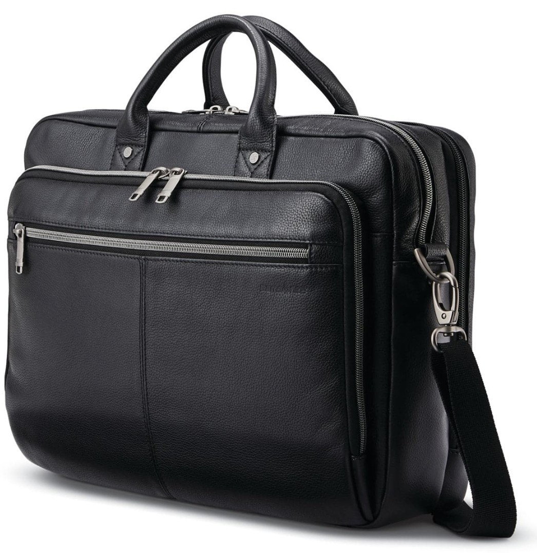 Samsonite Black Leather 15″ Laptop Briefcase Padded Shoulder Bag Strap