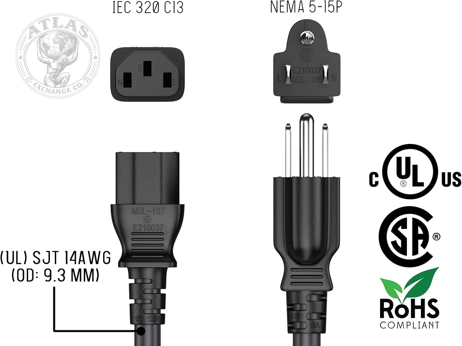 Cable Leader 3Ft 14AWG Computer Power Cord, NEMA 5-15P to IEC C13 AC Power Cable