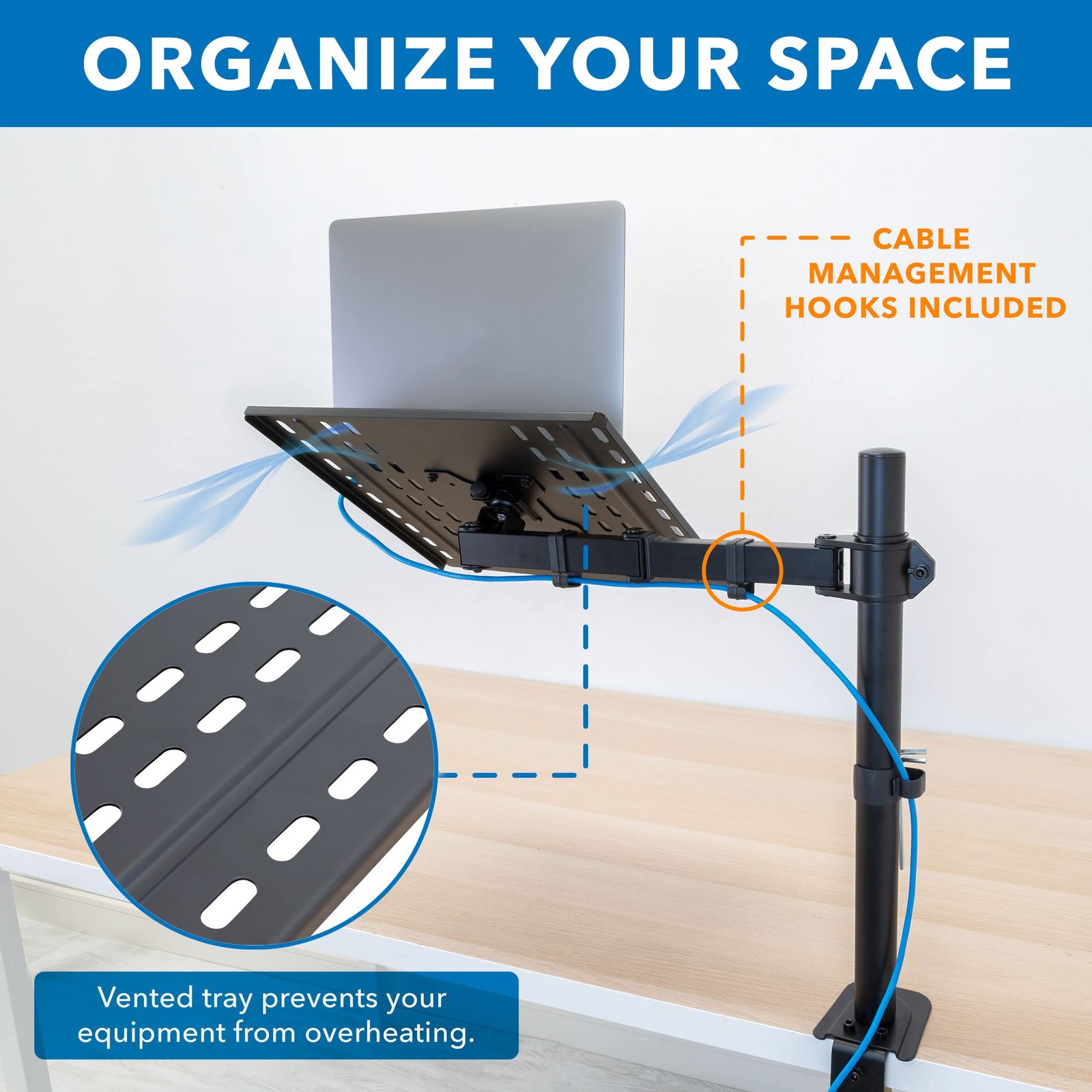 Adjustable Laptop Desk Mount Arm with Vented Tray, Fits Up to 17 Inches
