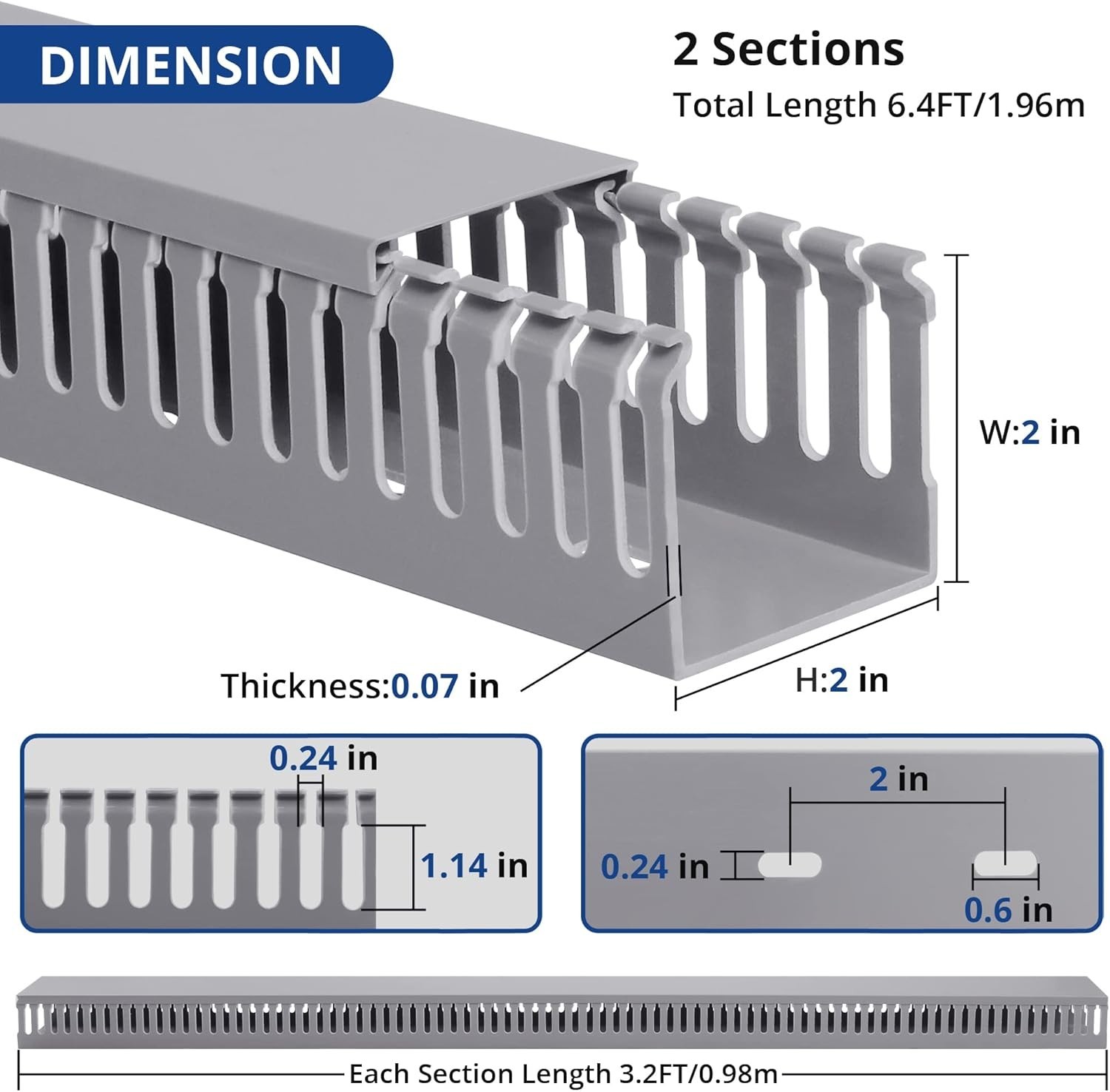2x2in Rack Cable Management 6.6FT PVC Raceway Kit, Open Slot Wire Duct, Grey