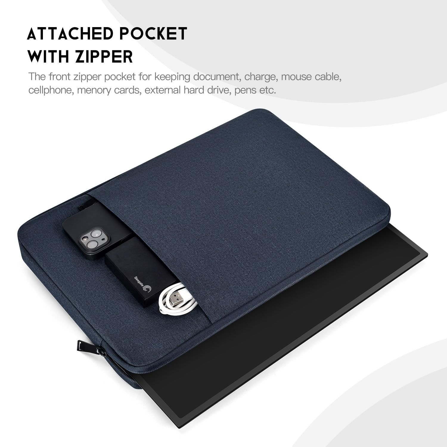 CaseBuy Portable Monitor Sleeve 15.6-16.1 Inch, Navy Blue, Padded