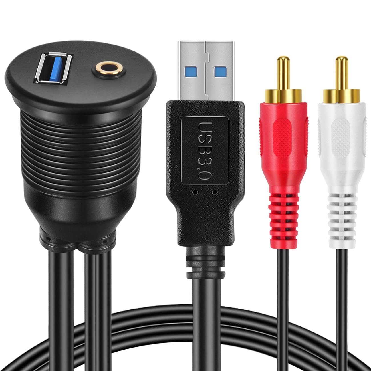 USB 3.0 2 RCA Male to 3.5mm Female AUX Flush Mount Cable 3 ft