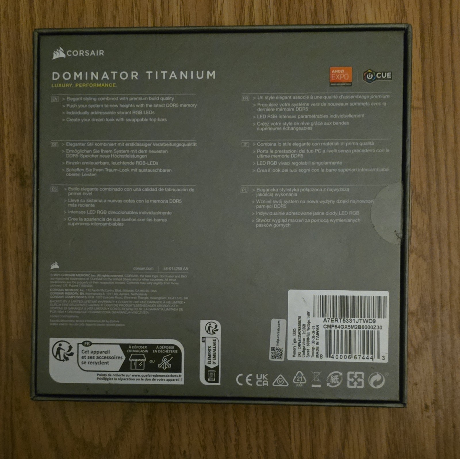 Corsair Dominator Titanium DDR5 64GB (2x32GB) 6000MT/s RGB AMD/EXPO CL30