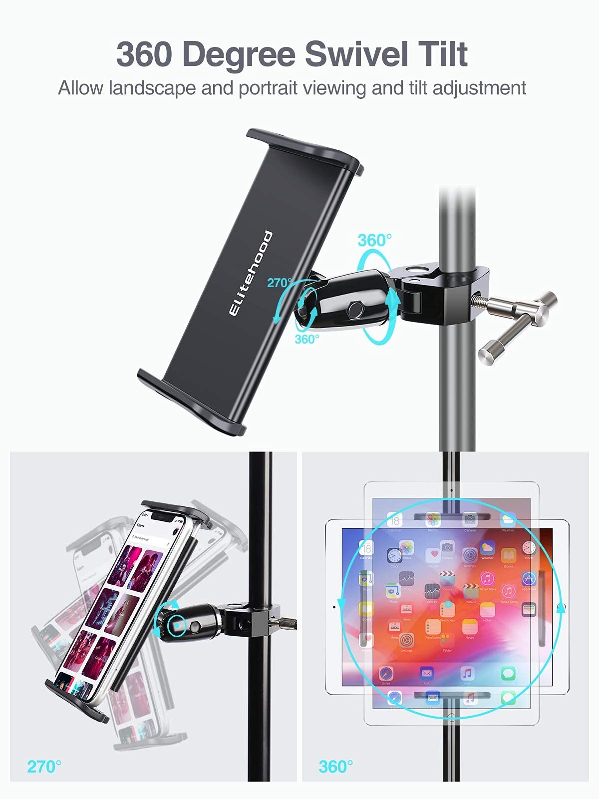elitehood Metal iPad Holder for Mic Stand, 4.5in – Single Ball Joint, Black