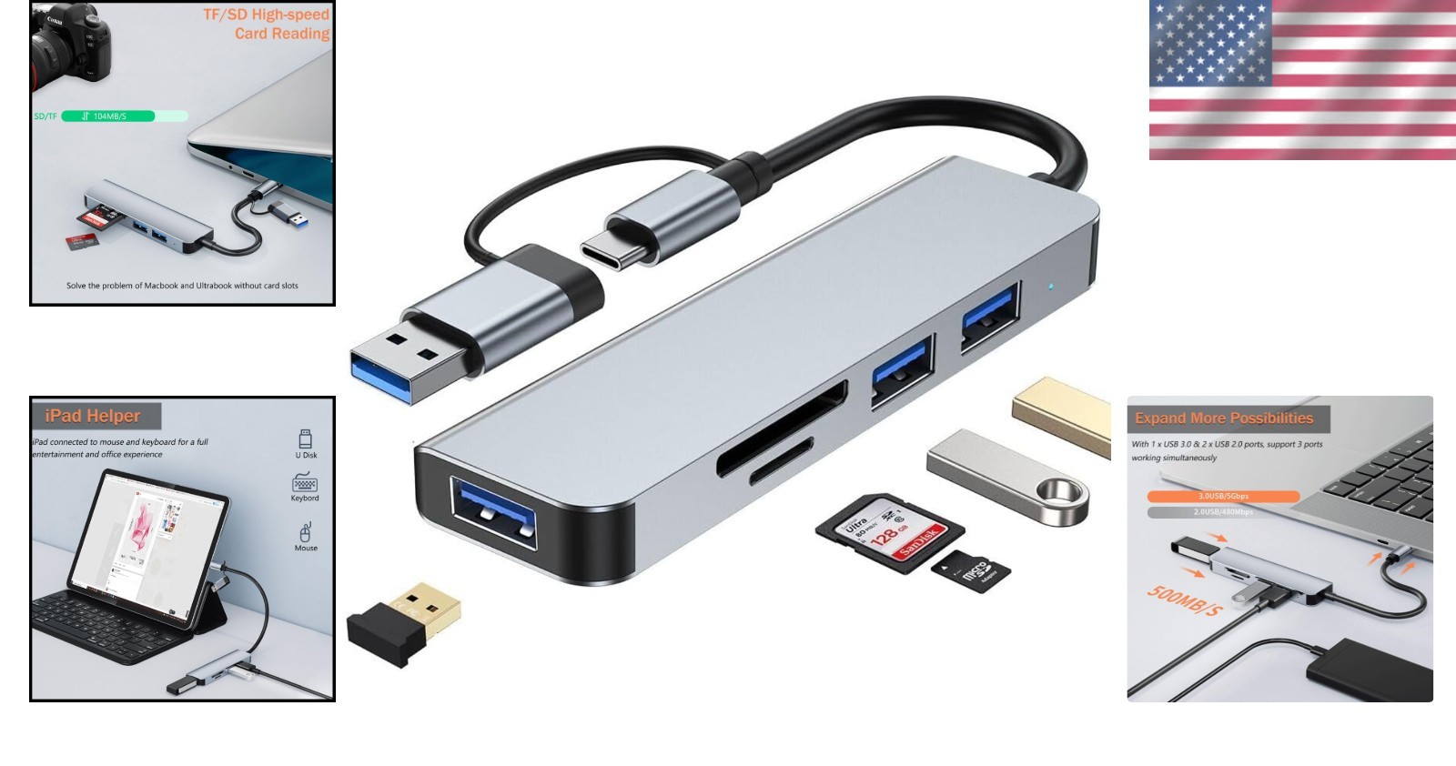 USB-C Hub: 5 in 1 with 3 Ports & SD Card Reader for Multiple Devices