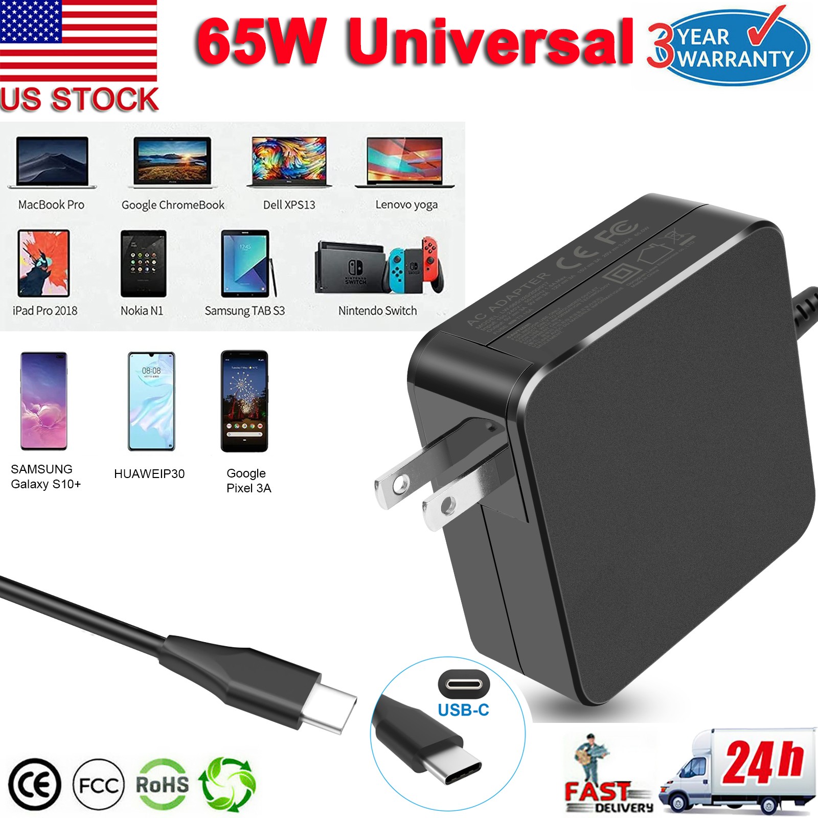 USB-C Type C Charger for Laptop Chromebook Tablet Phone PD 65W Universal Charger