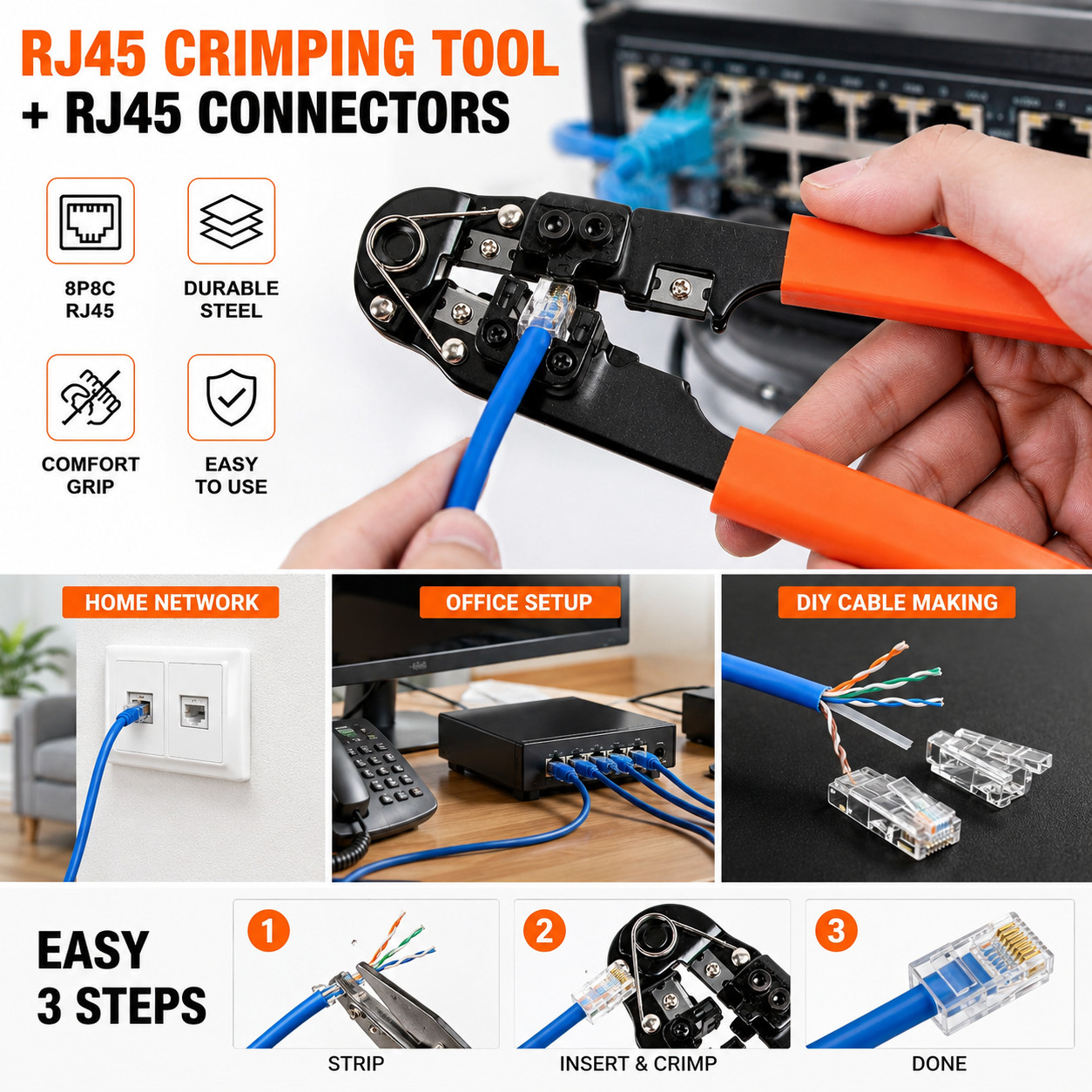 RJ45 Crimper Tool Kit with 100 RJ45 Connectors 8P8C Ethernet Cable Crimp Tool