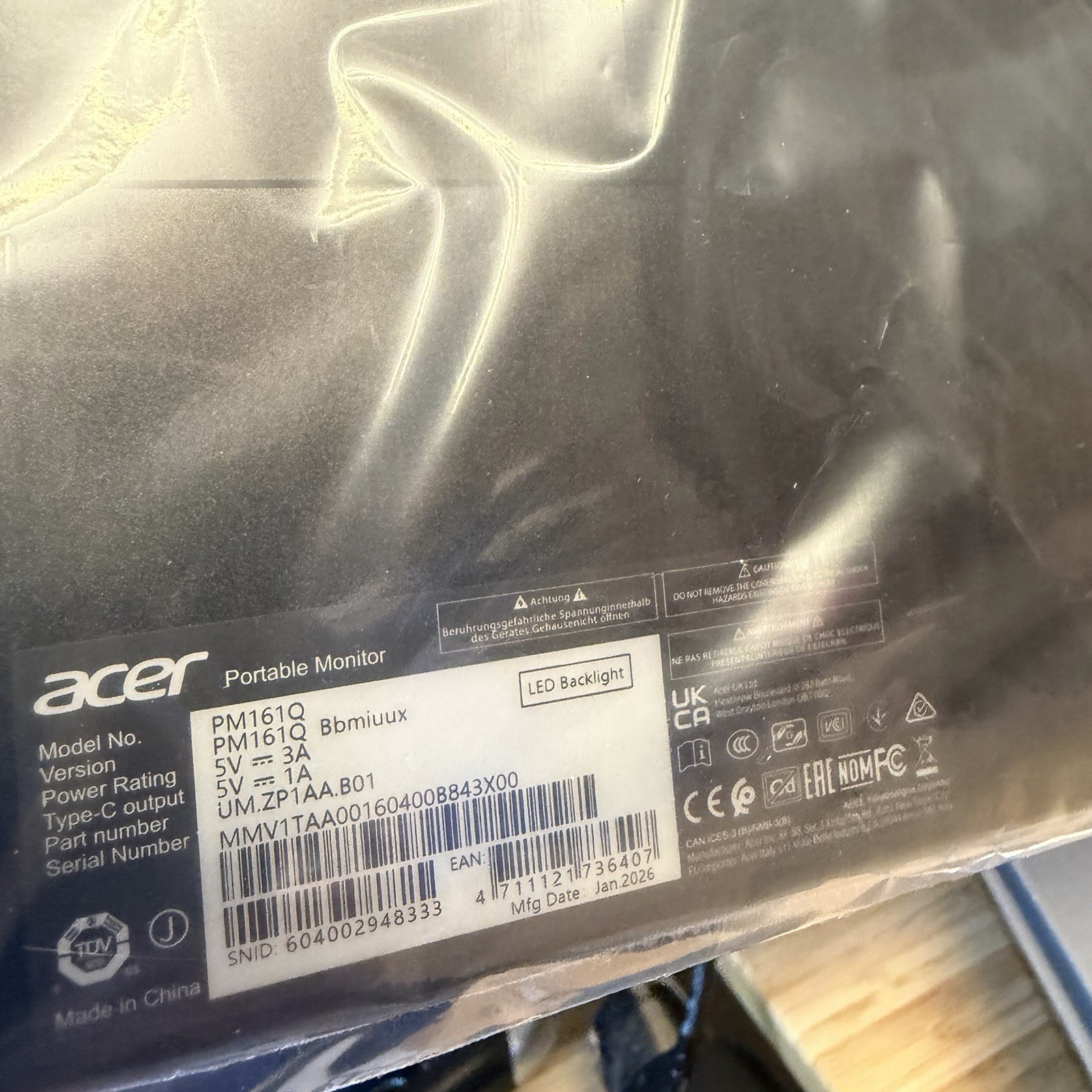 Acer 15.6″ Portable Monitor, Full HD (1920×1080), 60Hz, Black, PM161Q