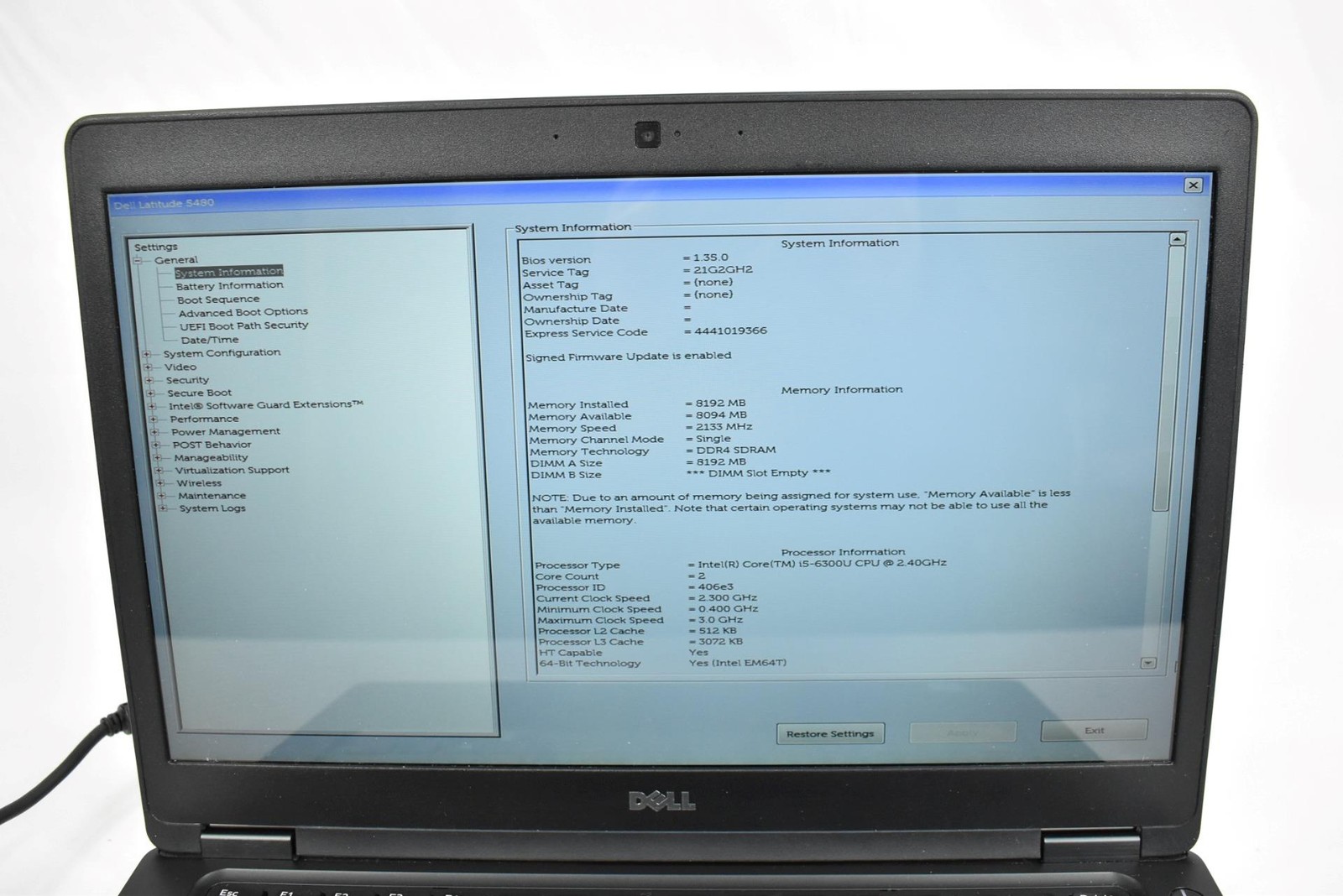 Dell Latitude 5480 Laptop i5-6300U 2.4GHz 8GB No HD No OS 14″ *See Details*