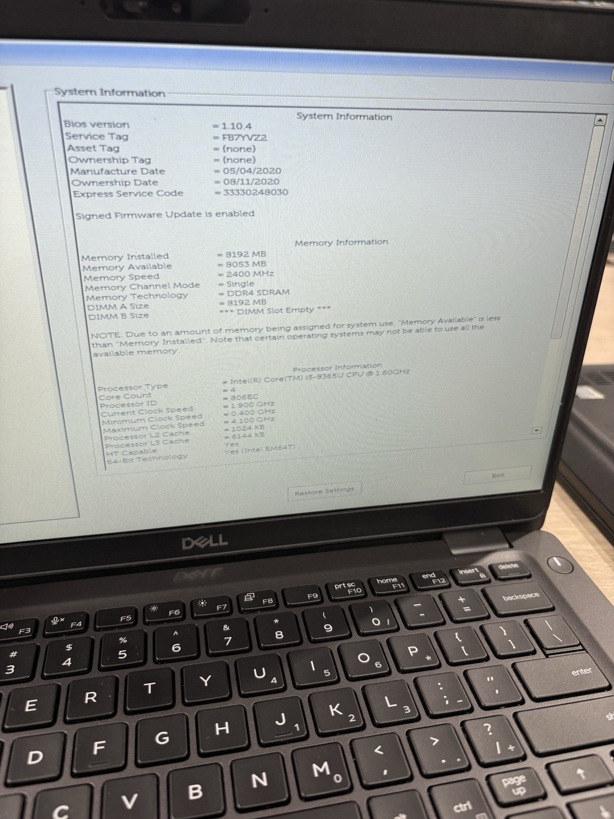 DELL LATITUDE 5300 INTEL CORE I5-8365U 1.60GHZ 4GB RAM NO SSD #910