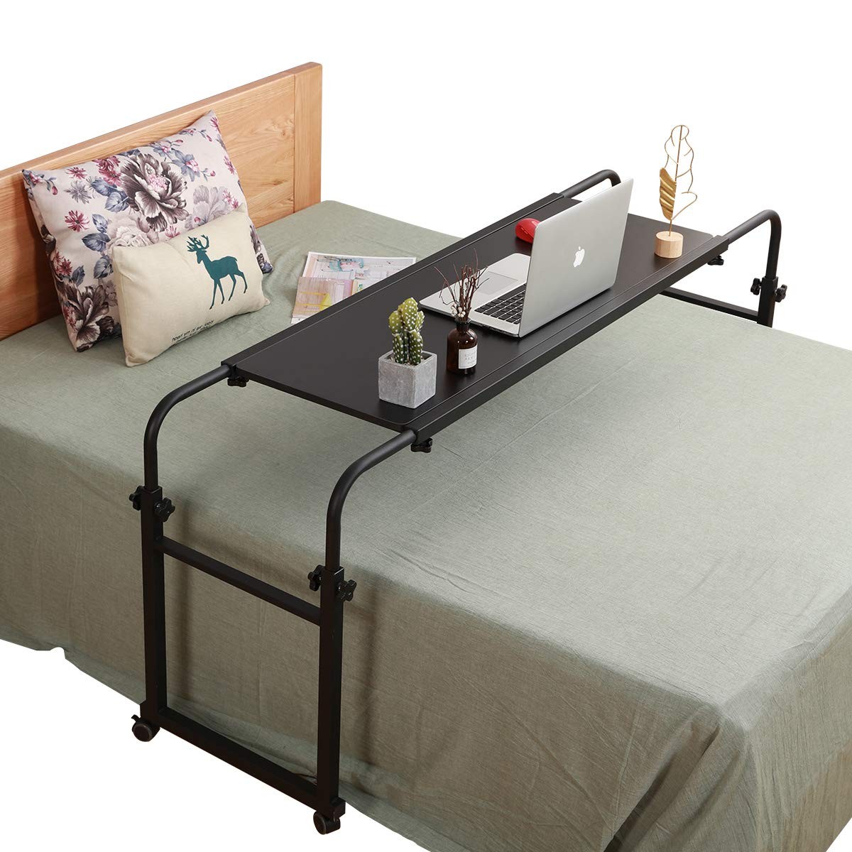 TigerDad Overbed Table with Wheels, 18.1 in x 55.1 x 25.6 in, Black
