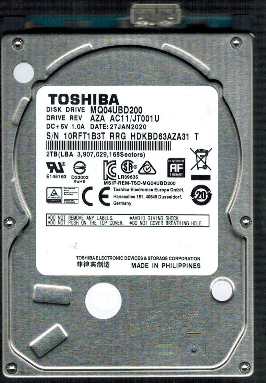 MQ04UBD200 HDKBD63AZA31 T REV:AZA AC11/JT001U 2TB JAN 2020 PHILIPPINES TOSHIBA