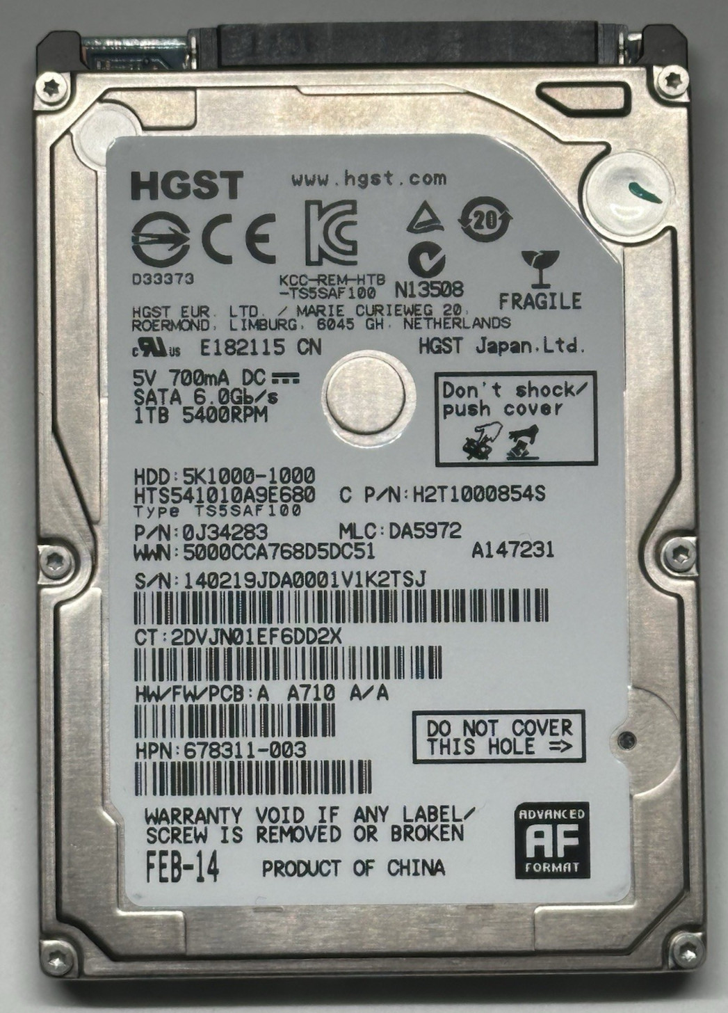 HGST Travelstar 5K1000 1TB 2.5″ SATA Laptop HDD HTS541010A9E680 Tested