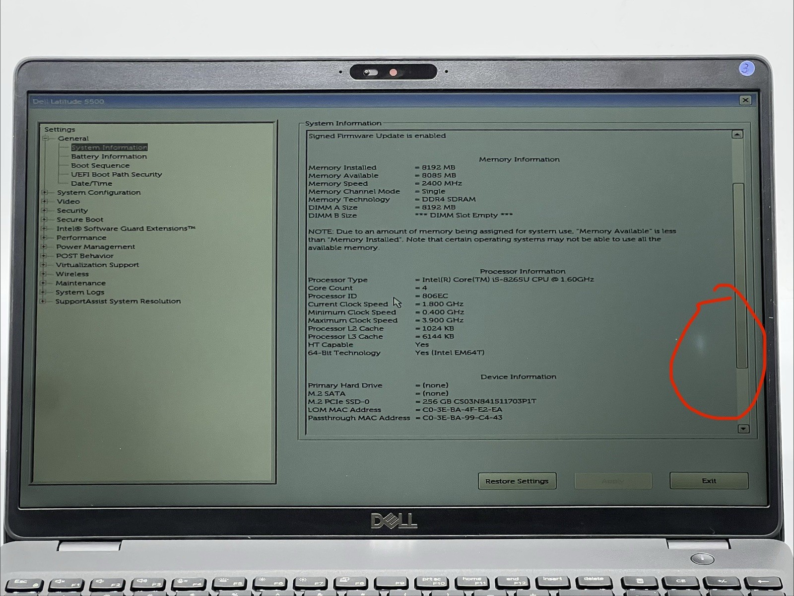 Dell Latitude 5500, i5-8265U CPU, @ 1.60GHz, 8GB RAM-No HDD/OS/Charger