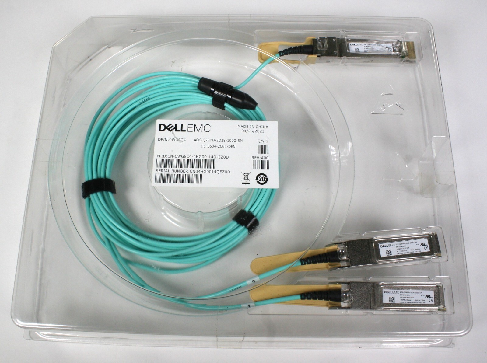 Dell WG8C4 5M/16ft QSFP28-DD 200GbE to 2x QSFP28 100GbE AOC-Q28DD-2Q28-100G-5M