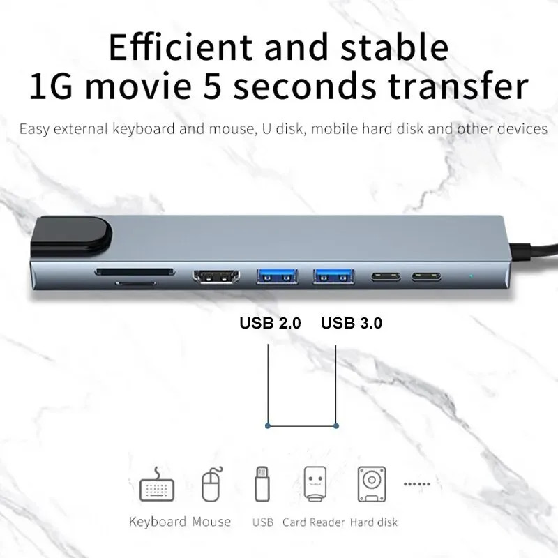 USB C Hub 8In1 7In2 7In1 Type C 3.1 to 4K HDMI Adapter with RJ45 SD/TF Card Read