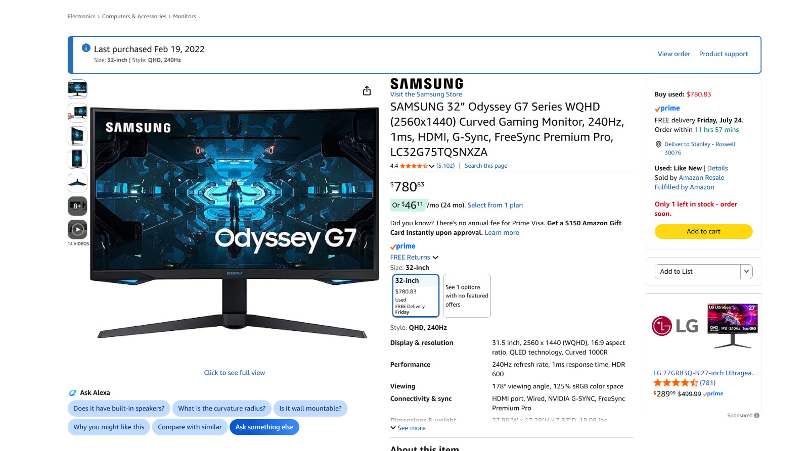 Samsung Odyssey G7 75T 32″ QLED Curved Gaming Monitor – Black
