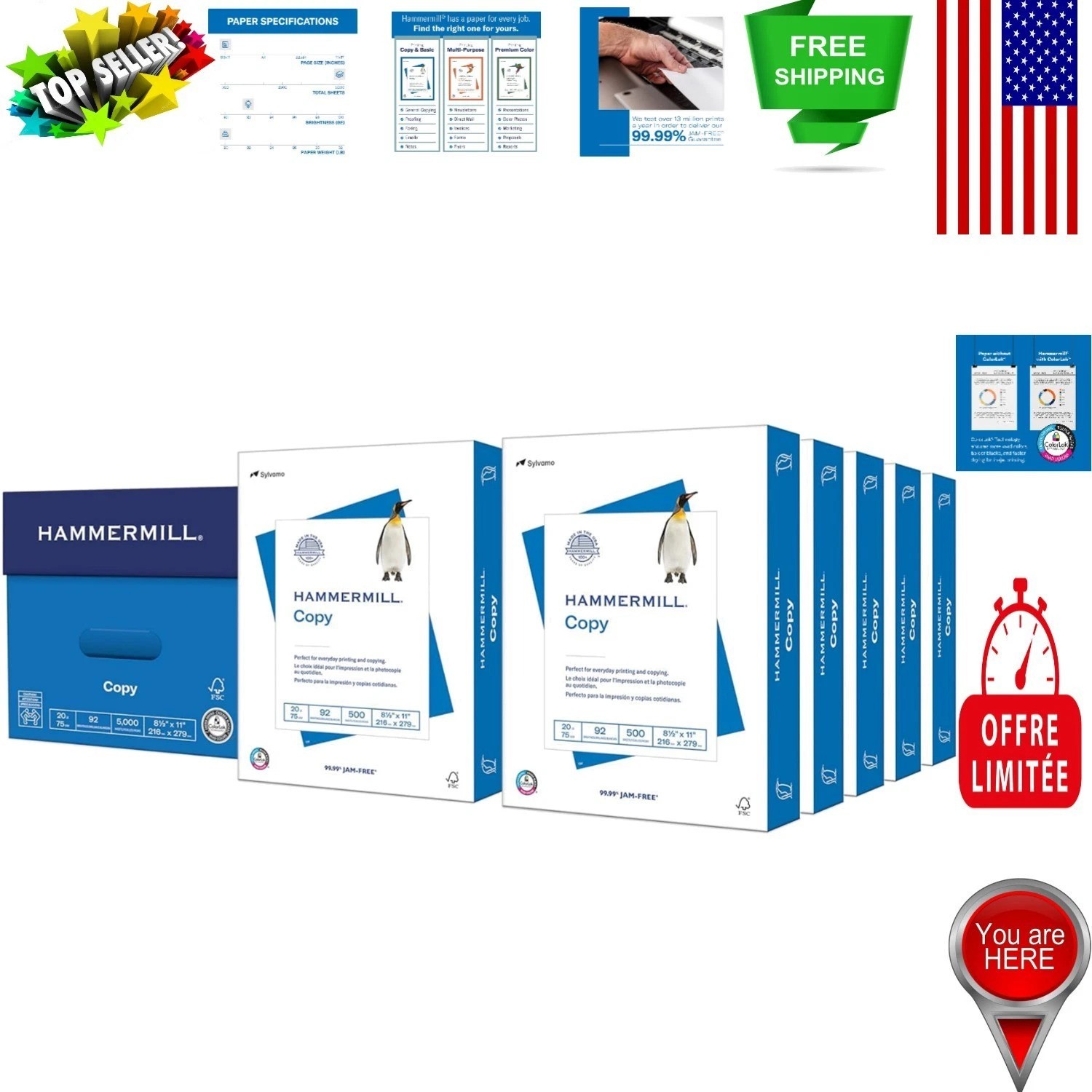 10 Ream 20 lb Copy Paper, 5000 Sheets, 92 Bright – Made in USA Quality