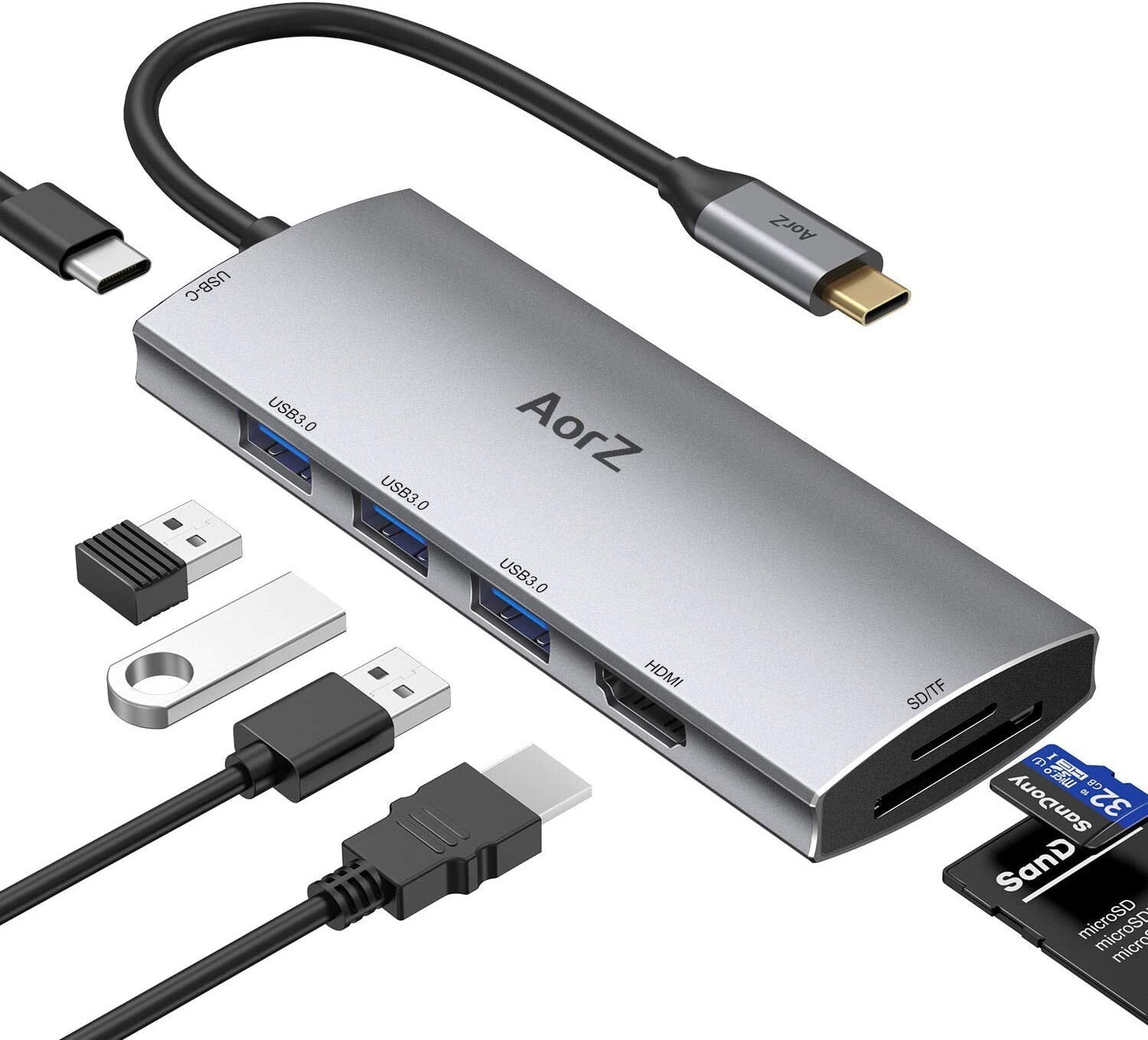🔥AorZ USB C Adapter 7 in 1 w/ 4K HDMI Output, 3 USB 3.0 Ports, SD/Micro SD🔥