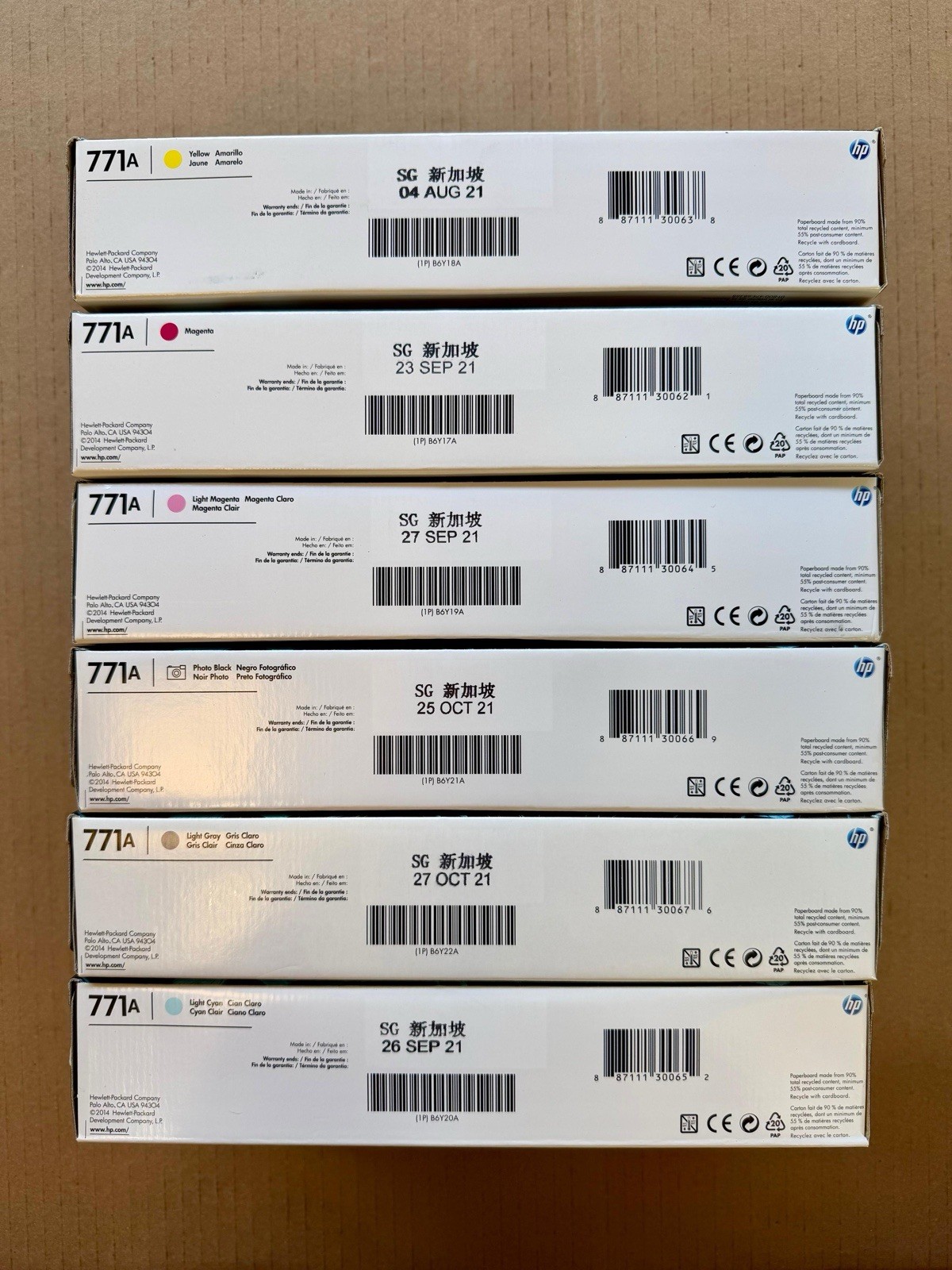 6 Genuine HP 771A Z6200 M/Y/PK/LC/LM/LG INK CARTRIDGE B6Y17A/18A/19A/20A/21A/22A