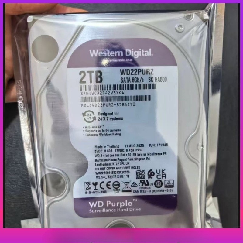 WD22PURZ Purple 2TB Surveillance HDD 256MB Cache 3.5″ SATA CCTV Drive