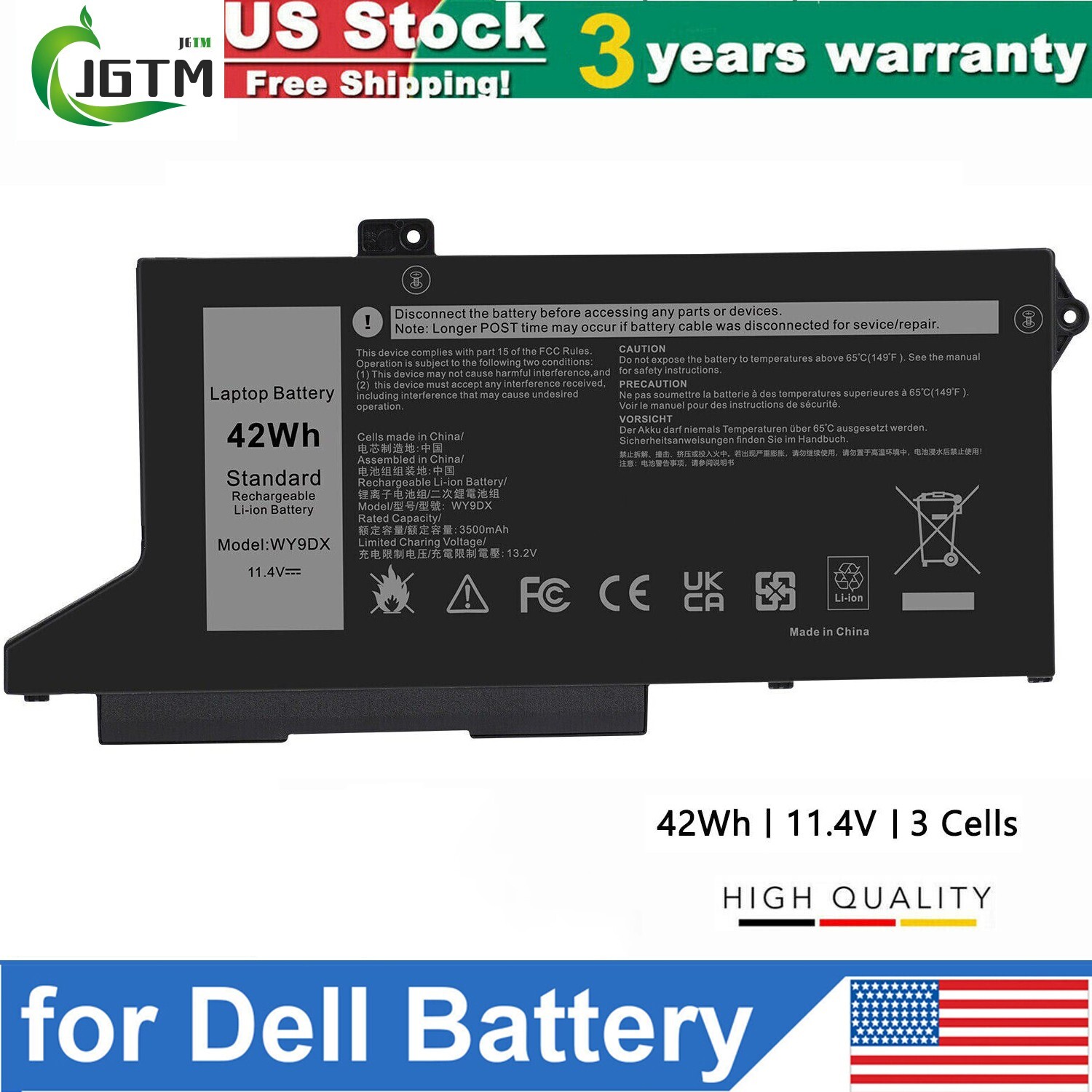 WY9DX Laptop Battery For Dell Latitude 5420 5520 11.4V 42Wh Type 005R42 0M3KCN