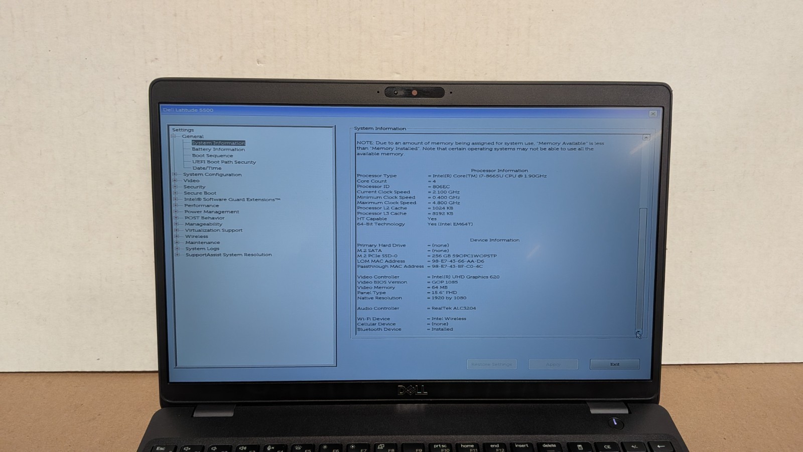 Dell Latitude 5500 i7-8665U 15.6″ 16GB RAM 256GB SSD Win11P W/AC Batt: Excellent