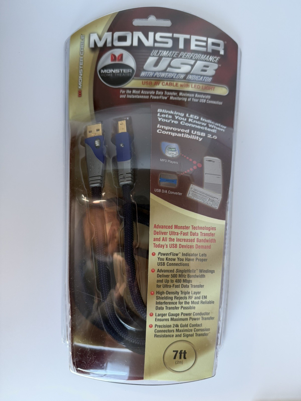 NEW Monster Ultimate Performance 7ft USB AV Cable LED Light Powerflow Indicator