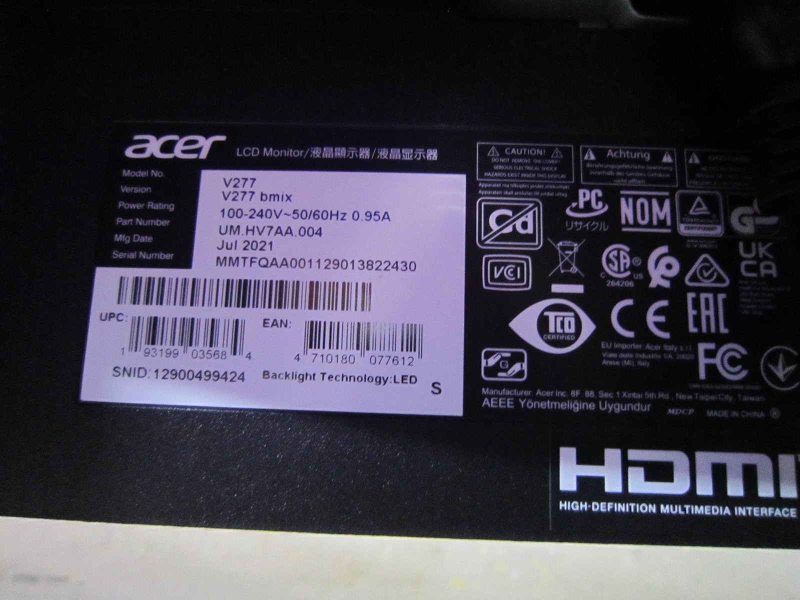 Beautiful Acer Vero V7 V277 27” LED FHD IPS Monitor 75 Hz HDMI VGA FREESHIP