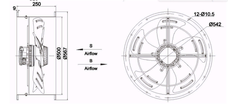 YWF4D-500S AC Fan 380/480V 275/395W 0.68/0.75A 1380/1550RPM IP54 Weiguang Fan