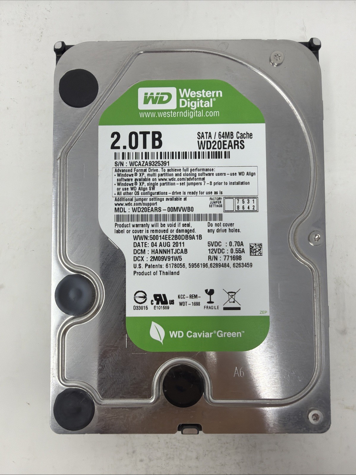 Western Digital WD Caviar Green 2TB SATA 3.5” HDD WD20EARS 64MB Cache