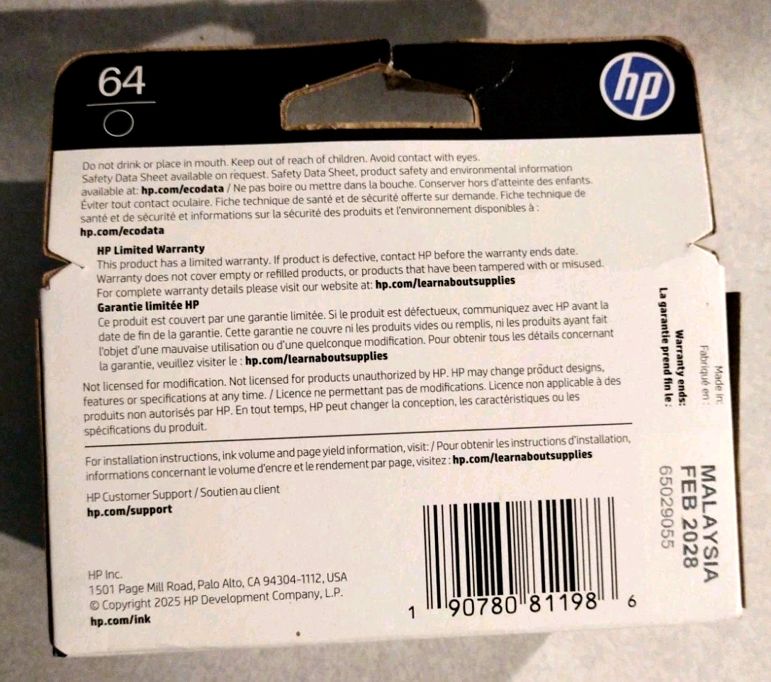 GENUINE HP 64 Black Ink Cartridge (N9J90AN#140) – NEW/SEALED – DATE: MARCH 2027