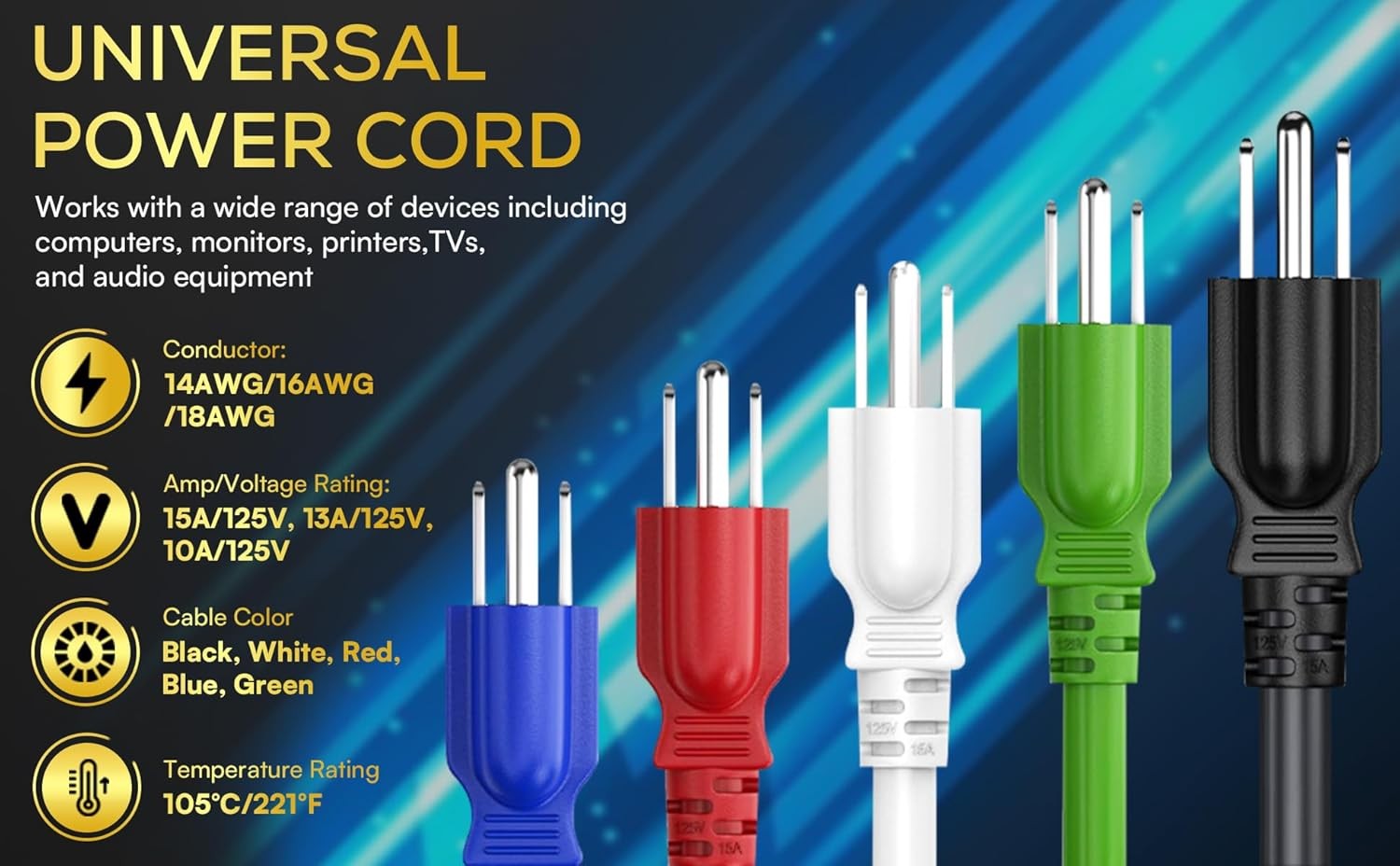 Computer Power Cord 1ft 14AWG NEMA 5-15P to IEC C13 AC Power Cable Monitor
