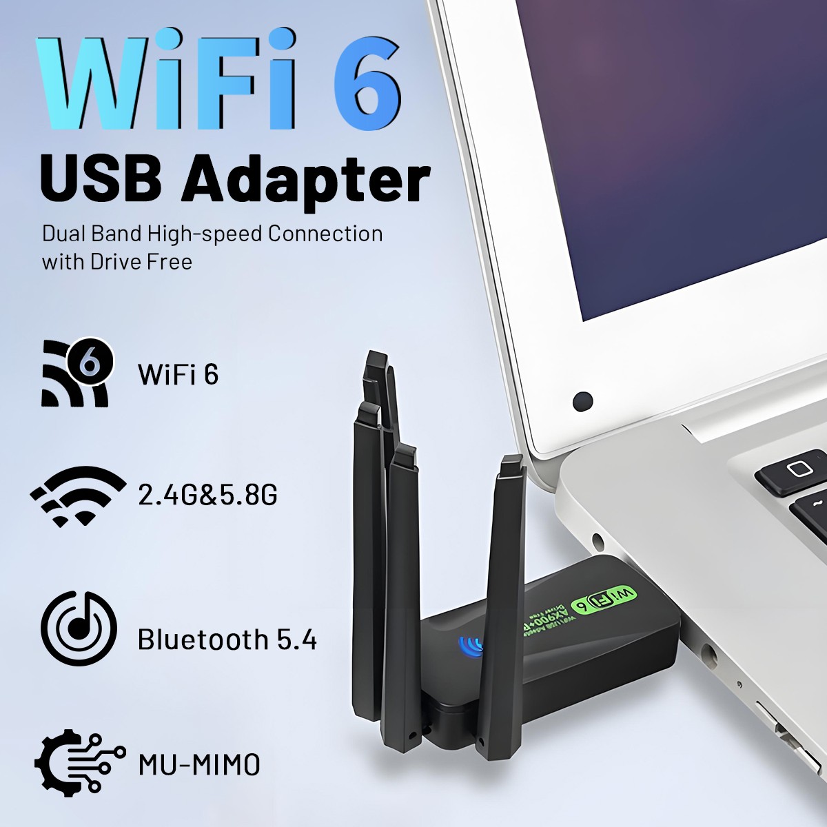 Wireless USB Wifi 6 Adapter Bluetooth 5.4 Dongle Dual Band 2.4G/5GHz W/Antenna