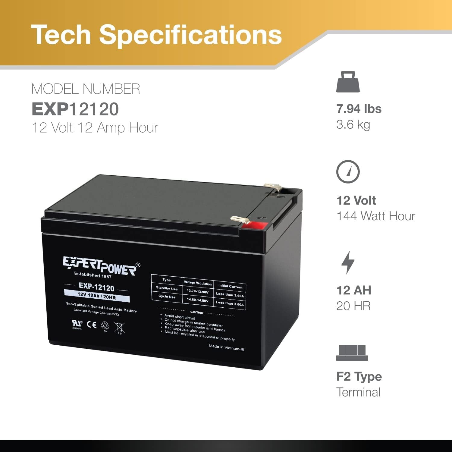 ExpertPower Set of 2 – 12V 12Ah Sealed Lead Acid BATTERY replaces PS-12120