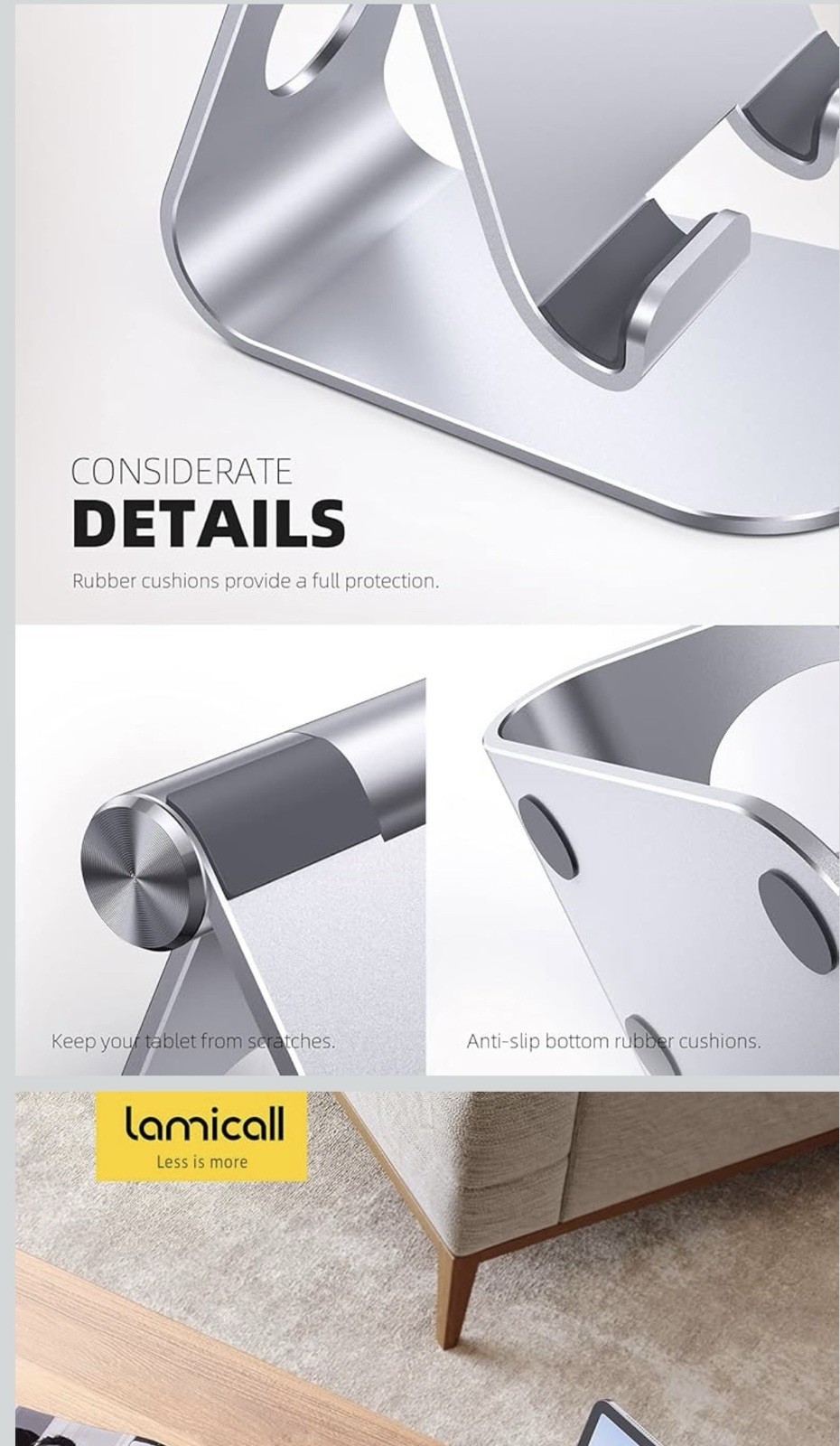 Lamicall Adjustable Anti-Slip Aluminum Desktop Tablet Stand, Silver 4-13 in