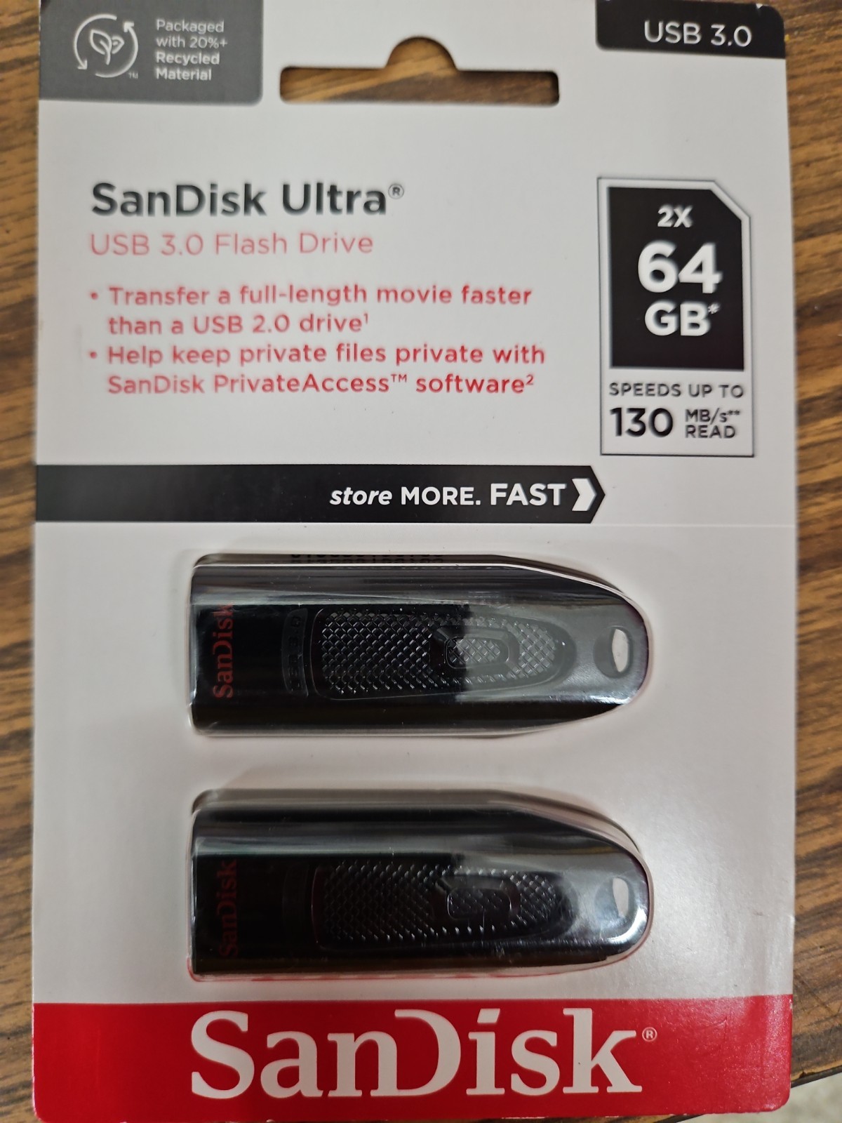 SanDisk SDCZ48-064G-GAM462 64GB Ultra USB 3.0 Flash Drive, 2-Pack