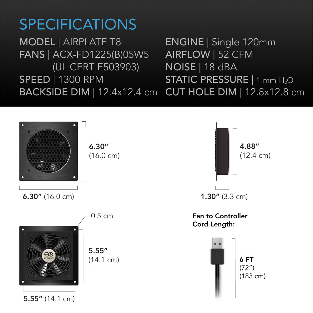 AIRPLATE T8, Dual-Fan Cooling System 6″ with Thermostat, Home Theater AV Cabinet